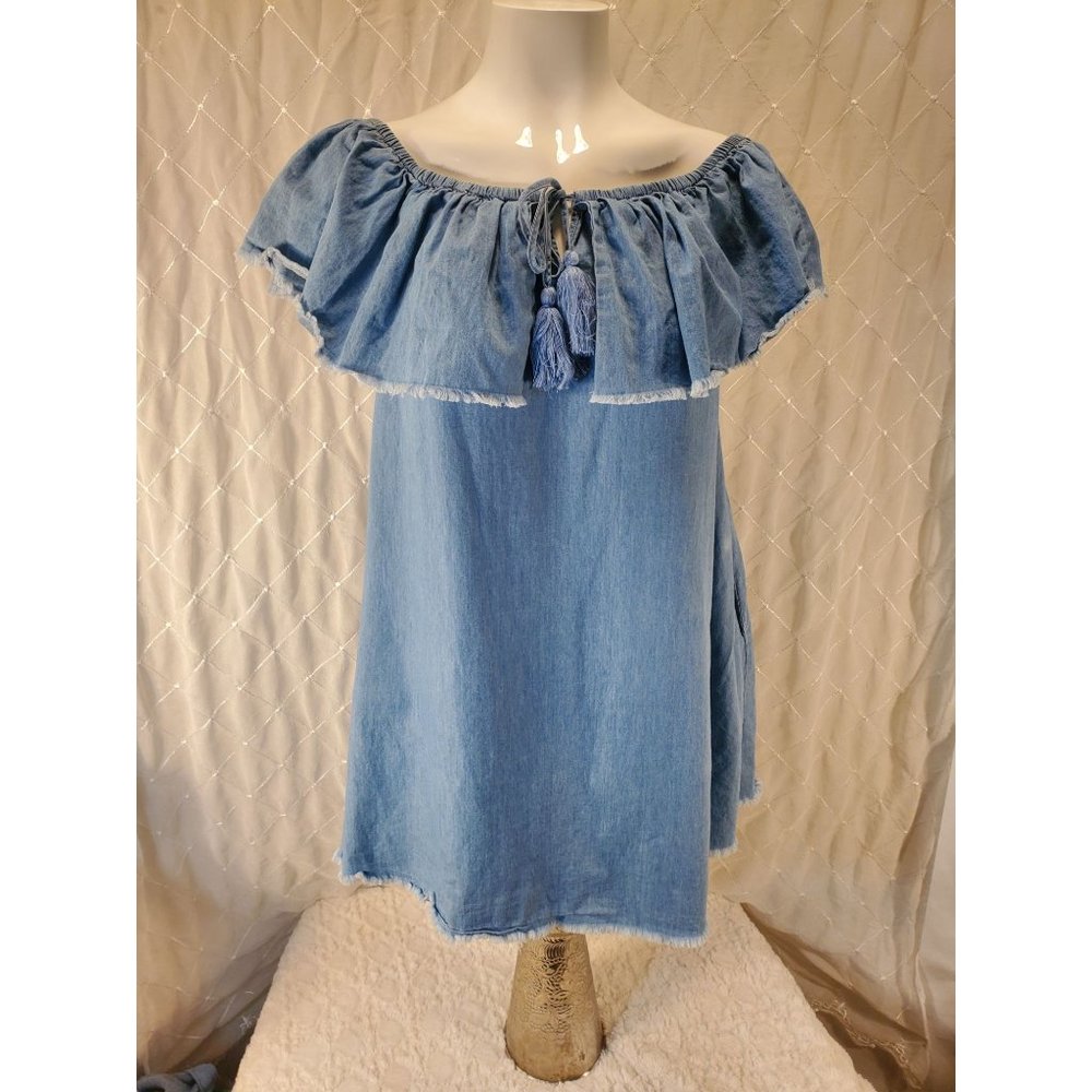 Easel Denim Dress W/Distressed Ruffle hem Size Sm off shoulder collar Farm girl.